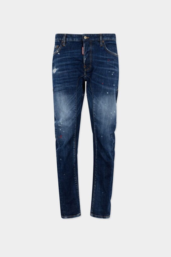 Biker Jean con lavaggio a macchie rosse medie Biker Jean con lavaggio a macchie rosse medie