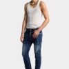 Biker Jean con lavaggio a macchie rosse medie Biker Jean con lavaggio a macchie rosse medie