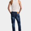 Biker Jean con lavaggio a macchie rosse medie Biker Jean con lavaggio a macchie rosse medie