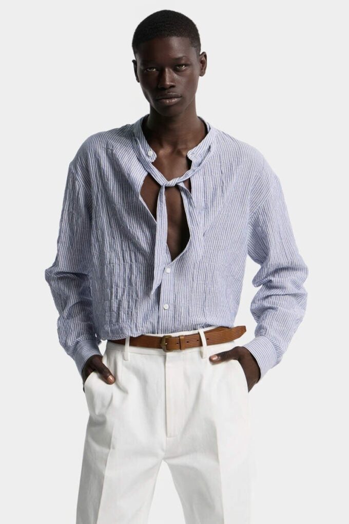 Camicia in lino con spalline scese e cravatta Camicia in lino con spalline scese e cravatta