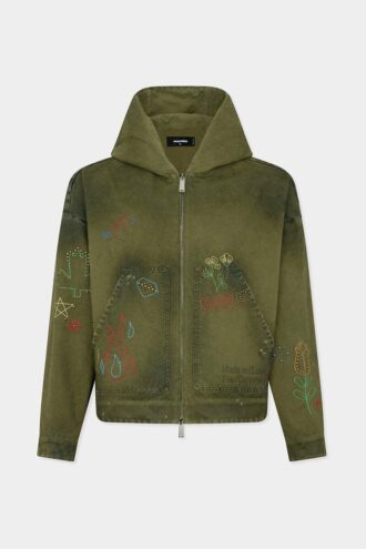Cappotto Kaban con cappuccio e motivi scarabocchiati fatti a mano