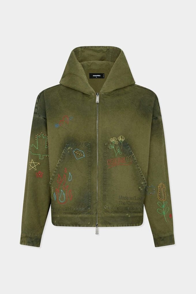 Cappotto Kaban con cappuccio e motivi scarabocchiati fatti a mano