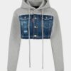 Felpa ibrida corta in misto denim con effetto strappato medio