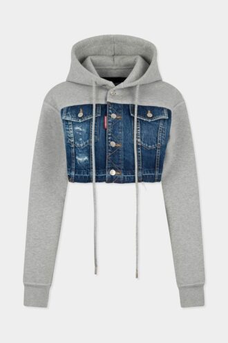 Felpa ibrida corta in misto denim con effetto strappato medio