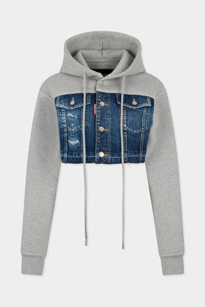 Felpa ibrida corta in misto denim con effetto strappato medio