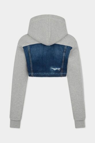 Felpa ibrida corta in misto denim con effetto strappato medio