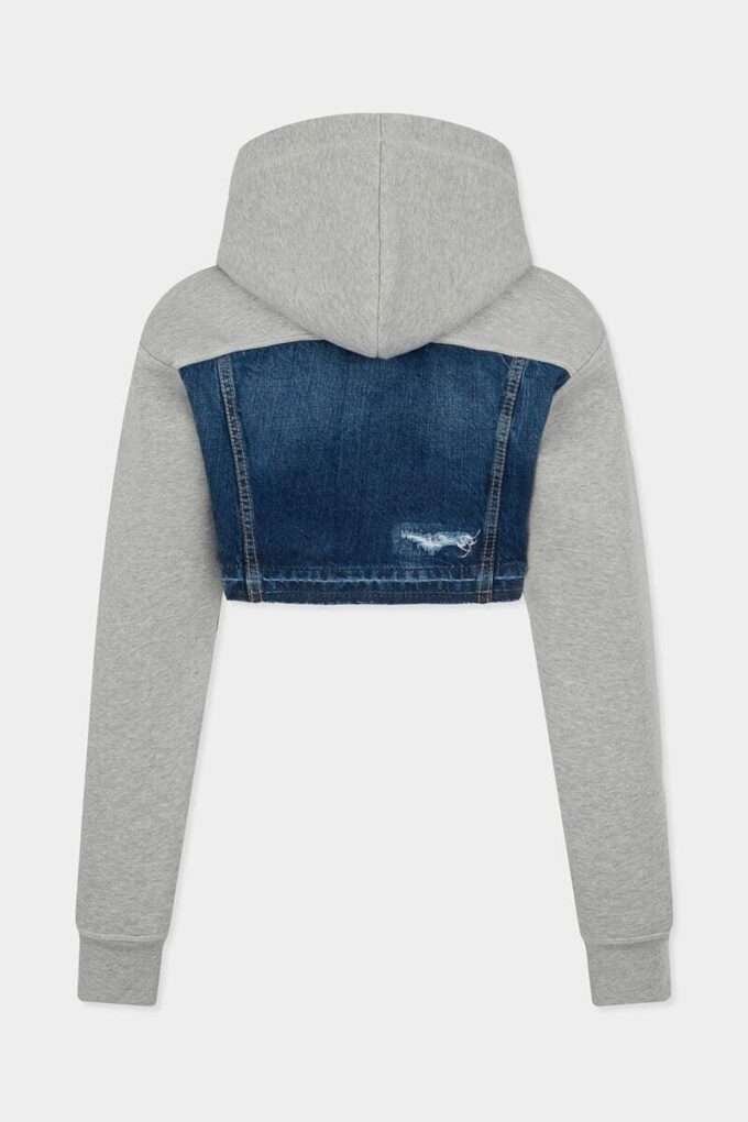 Felpa ibrida corta in misto denim con effetto strappato medio