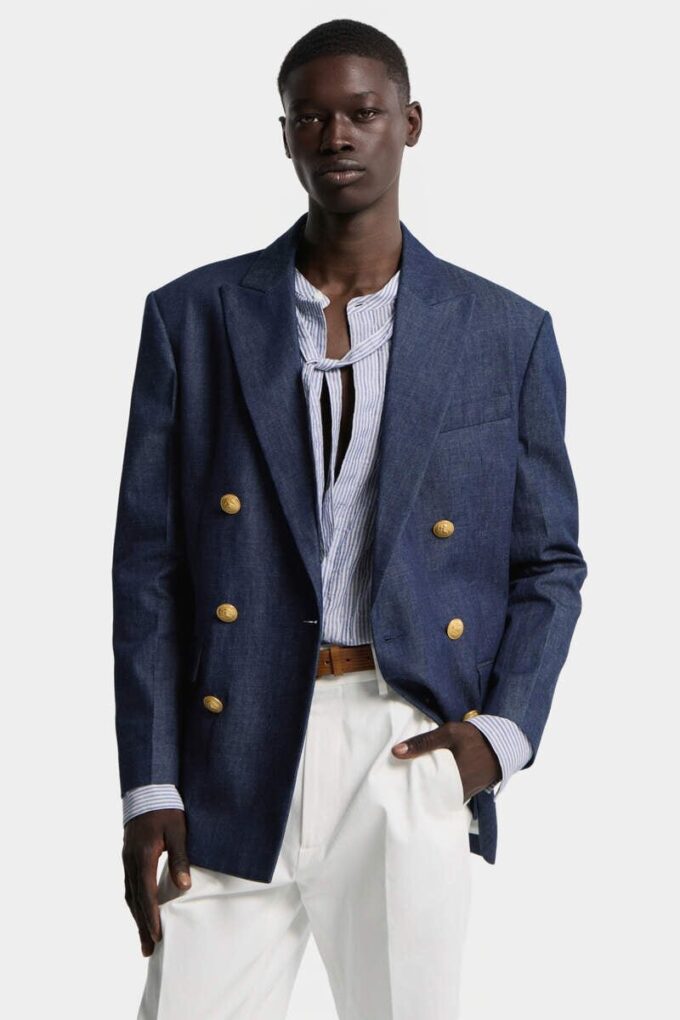 Giacca blazer in denim a doppio petto Giacca blazer in denim a doppio petto