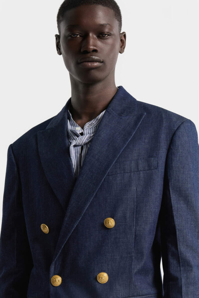 Giacca blazer in denim a doppio petto Giacca blazer in denim a doppio petto