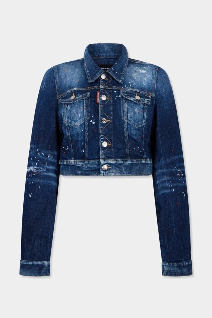 Giacca in jeans Dean con lavaggio a macchie rosse medie Giacca in jeans Dean con lavaggio a macchie rosse medie