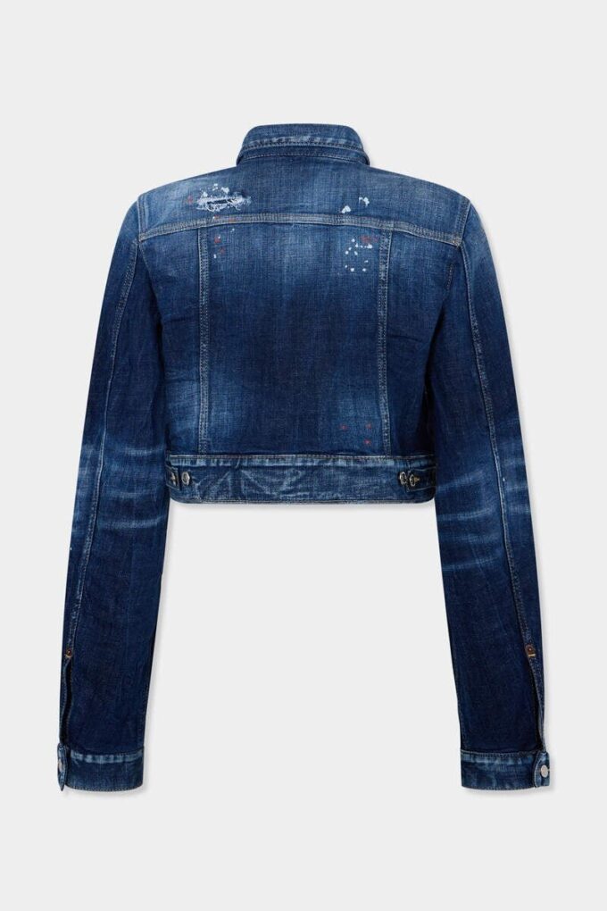 Giacca in jeans Dean con lavaggio a macchie rosse medie Giacca in jeans Dean con lavaggio a macchie rosse medie