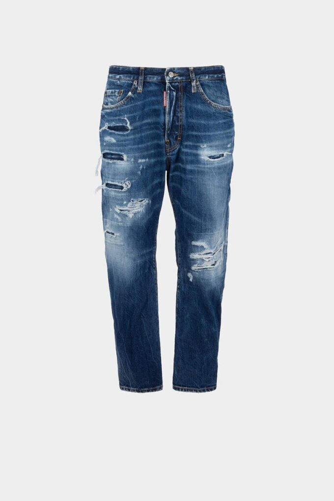 Jeans blu strappati con lavaggio medio