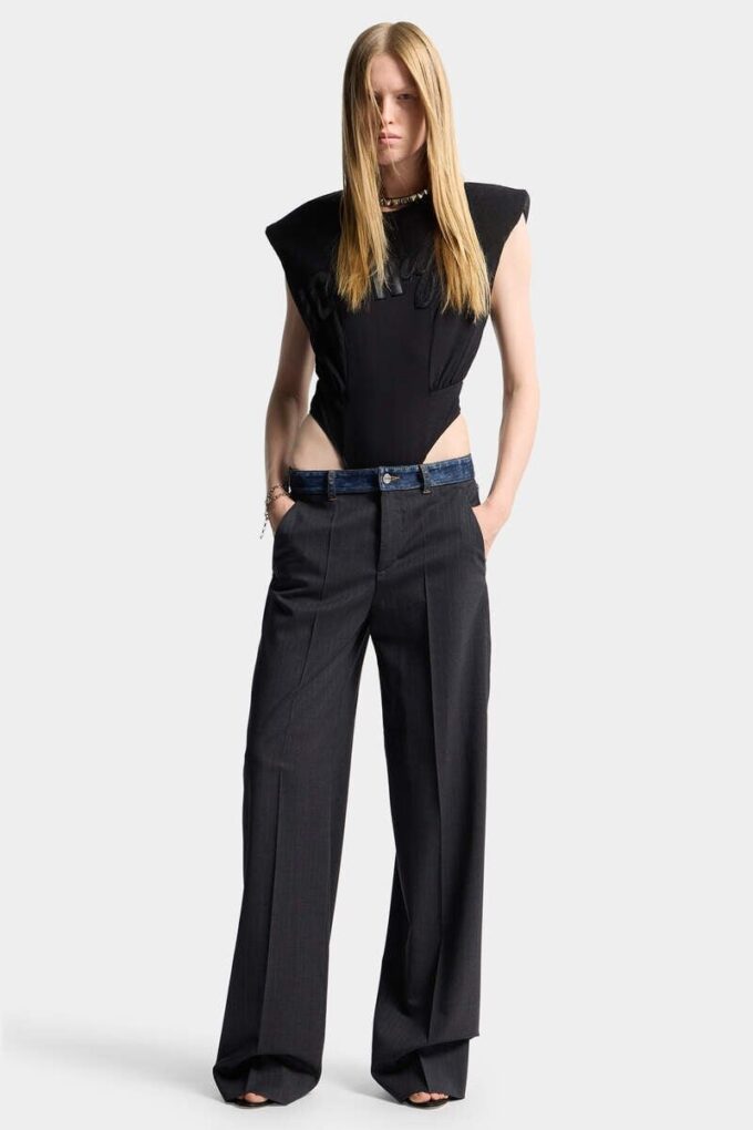 Pantaloni larghi sartoriali in denim ibrido con lavaggio Dark Rebel Rider Pantaloni larghi sartoriali in denim ibrido con lavaggio Dark Rebel Rider