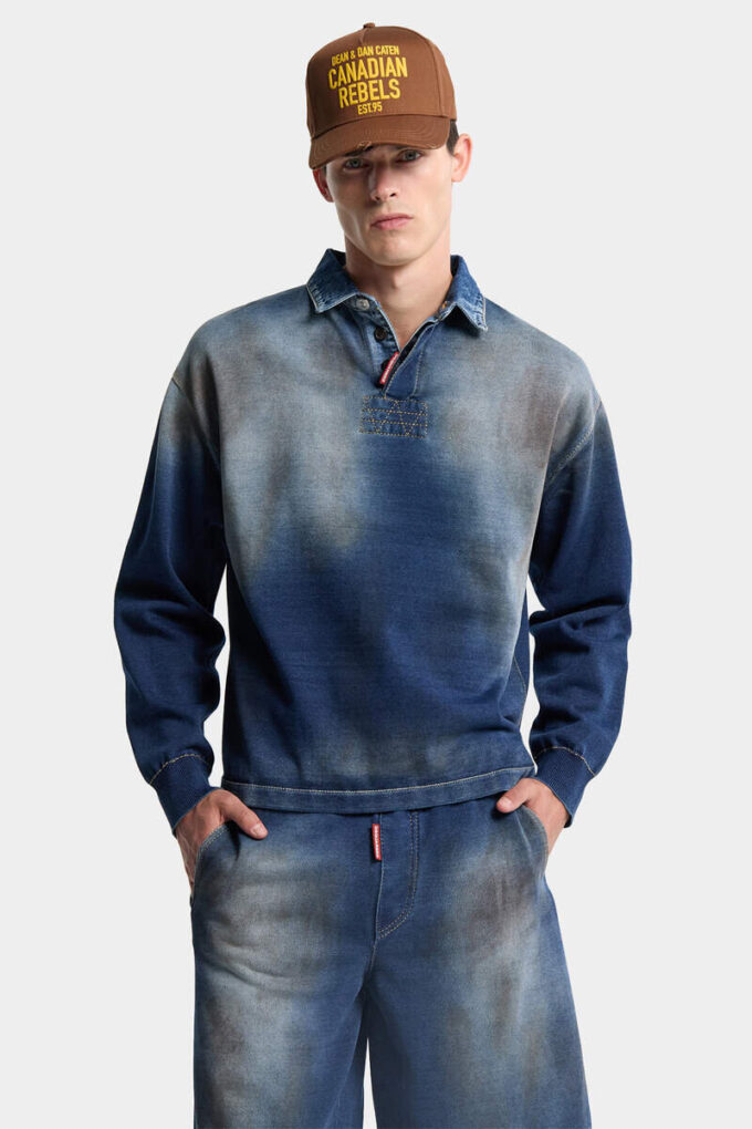 Polo a maniche lunghe in maglia effetto denim Polo a maniche lunghe in maglia effetto denim