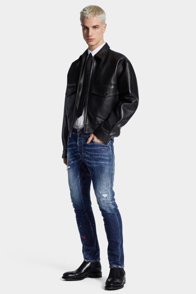 Tidy Biker Jeans con lavaggio a macchie rosse medie Tidy Biker Jeans con lavaggio a macchie rosse medie